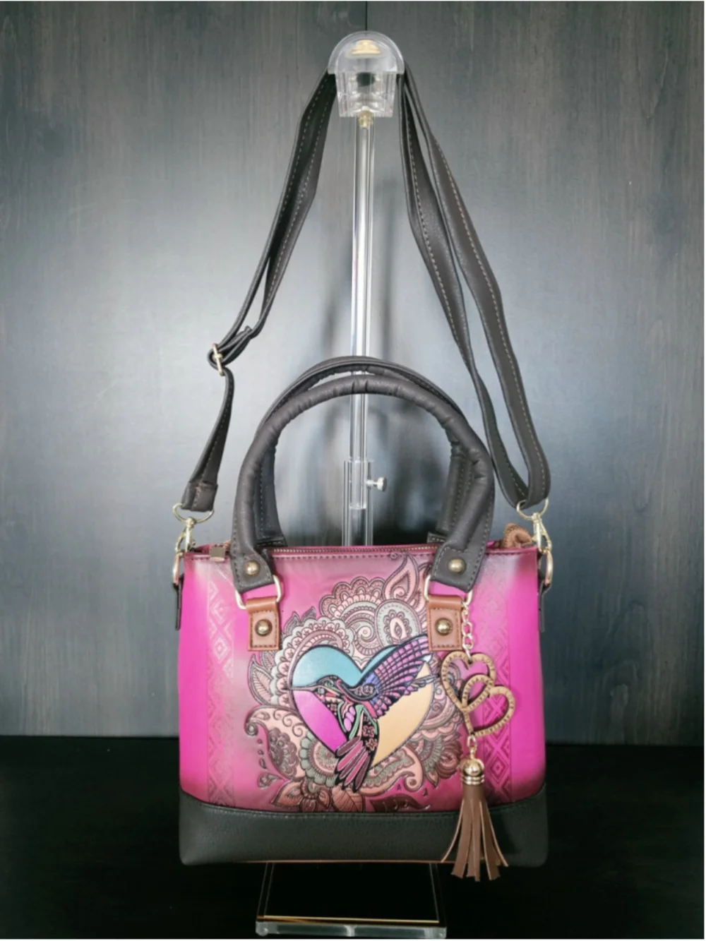 Mexican Hummingbird Embossed VEGAN Leather Handbag – Magenta Pink & Dark Brown